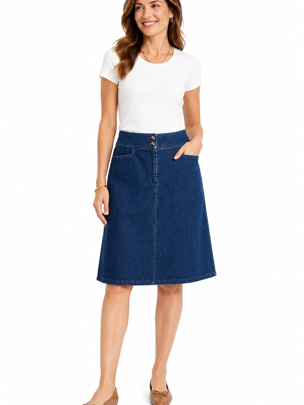 Talbots Womens Denim Skirt Size 14 Blue 100% Cotton A-Line Midi Pockets